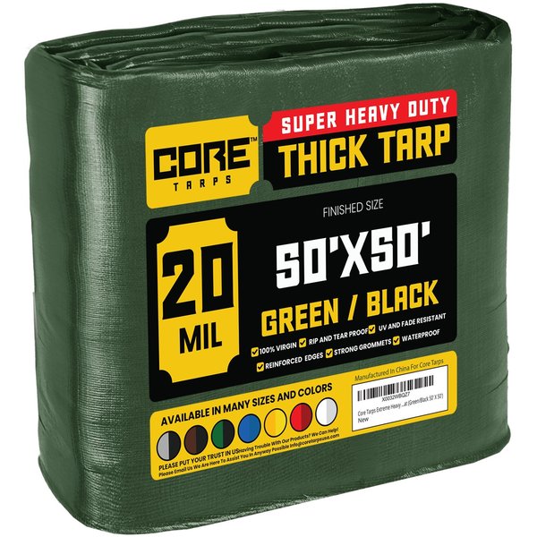 Core Tarps 50 ft L x 0.5 mm H x 50 ft W Heavy Duty 20 Mil Tarp, Green/Black, Polyethylene CT-703-50X50